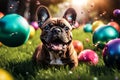 Lively dog playfully bounds among vibrant balls, radiating excitement