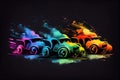 A lively and exciting scene of colorful toy racing cars speeding on a dark background, ready for action-packed fun