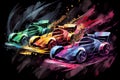 A lively and exciting scene of colorful toy racing cars speeding on a dark background, ready for action-packed fun