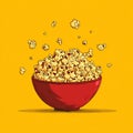 Flat vector illustration of a red bowl with popcorn popping out, on a yellow background. Royalty Free Stock Photo