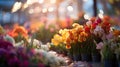 A vibrant flower market bustling with colors, the stalls and blooms creating a mesmerizing bokeh as they blend into a bustling yet