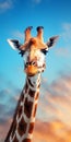 Lively Giraffe Portrait With Realistic Blue Skies - John Wilhelm Style