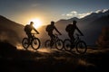 A lively group of cyclists enjoying a thrilling bike ride on a scenic hilltop, Three friends on electric bicycles enjoying a