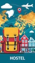 Lively hostel illustration with backpack, world map, town buildings, airplane, and HOSTEL text