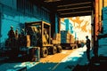 lively illustration of a bustling loading dock with forklifts, pallets, and busy workers in vibrant colors