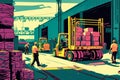 lively illustration of a bustling loading dock with forklifts, pallets, and busy workers in vibrant colors