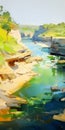 Lively Illustration Of A Lake Near A Cliffside: A Digital Painting