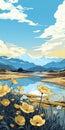 Lively Illustration Of Mountains And Lake With Yellow Flowers