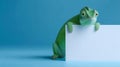 A charming green chameleon rests against a blank white board. This image captures a playful moment in a colorful setting. Perfect Royalty Free Stock Photo