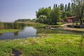 A lively lakeside bar with some people