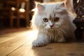 lively, light-colored, and fluffy kitten enjoys playtime while sitting on the wooden floor
