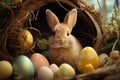 Lively Little Easter rabbit on eggs hunting. Generate ai