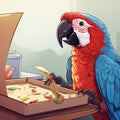 Lively Macaw Parrot Delights in Pizza Feast on Table