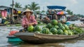 The Lively Mekong Delta Floating Mket: A Colorful Display of Watermelon and Vegetable Sales in Can
