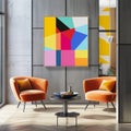 A lively modern lounge featuring bold orange accent chairs and a colorful geometric abstract painting, creating an engaging and