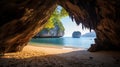 Lively Nature Scene: Serene Cave On Beach With Mountains And Ocean