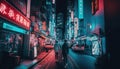 lively neon streets of Shinjuku Tokyo at night, with a wide shot showcasing the bustling downtown area. The bright