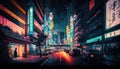 lively neon streets of Shinjuku Tokyo at night, with a wide shot showcasing the bustling downtown area. The bright