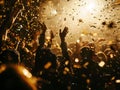 A lively nightclub scene: friends raise glasses, celebrate, revel in fun, confetti fills the air