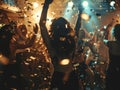 A lively nightclub scene of friends raise hands, celebrate, revel in fun, confetti fills the air