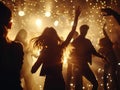 A lively nightclub scene: friends raise hands, celebrate, revel in fun, confetti fills the air
