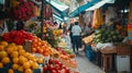 A lively open-air market with bright booths offering fruits, flowers, and crafts Royalty Free Stock Photo