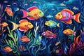 A lively painting capturing a diverse group of fish swimming together in the vast ocean, An underwater scene with a school of