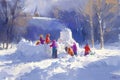 A lively painting capturing the joyous scene of children playing together in a snowy landscape, Children building a snow castle in Royalty Free Stock Photo