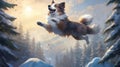 Lively painting capturing moment of dog jumping in air. Perfect for adding energy and excitement to