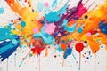 A lively painting showcasing an explosion of colorful paint splatters against a clean white background, Splatters of vibrant