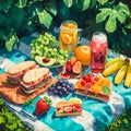 vibrant picnic scene with an assortment of fruits, sandwiches, and refreshing drinks