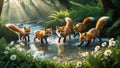 Majestic Red Foxes Crossing a Sparkling Stream at Dawn Royalty Free Stock Photo