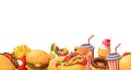 Lively Seamless Pattern Featuring A Medley Of Delicious Fast Food, Burgers, Fries, Pizzas, And Soda, Border Or Wallpaper