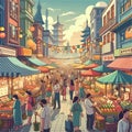 A lively street fair adorned with vivid kiosks, people engaged in animated haggling Royalty Free Stock Photo