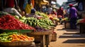 A lively street market with various goods, colors, and crowds