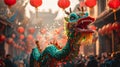 Lively street scene celebrating the Chinese New Year. Majestic green Dragon Dance. AI Generated