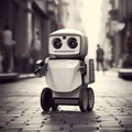 Lively Street Scene: Robot Walking With Blank Sign
