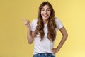 Lively surprised happy enthusiastic good-looking woman long curly hairstyle white t-shirt laughing impressed astonished