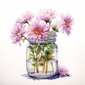 Lively Watercolor Illustration Of Pink Chrysanthemums In A Jar
