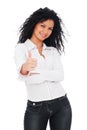 Lively woman showing thumbs up