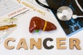 Liver cancer concept photo. Anatomical shape of liver lies near letters composing word cancer surrounded by set of tests, analysis Royalty Free Stock Photo