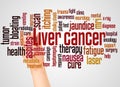 Liver cancer word cloud and hand with marker concept
