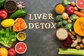 Liver detox diet food concept. Healthy eating concept for the liver, fruits,vegetables, nuts, olive oil, citrus fruits, green tea Royalty Free Stock Photo