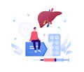 Liver disease, diagnosis and treatment concept. Vector flat people illustration. Male patient sit on box of pills. Syringe, Royalty Free Stock Photo