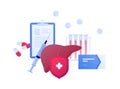 Liver disease, diagnosis and treatment concept. Vector flat people illustration. Syringe, shield protection, blood test and pills Royalty Free Stock Photo