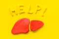 Liver diseases and treatment. Word help and organ on yellow background top view