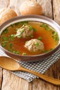 Liver Dumplings are a traditional Bavarian dish severd in a hot brooth close-up in a plate. Vertical Royalty Free Stock Photo