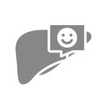 Liver with happy face in chat bubble gray icon. Accessory digestive organ symbol