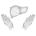 Liver human organ and two holding, protecting hands from abstract futuristic polygonal black lines and dots