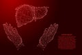 Liver human organ and two holding, protecting hands from futuristic polygonal red lines and glowing stars for banner, poster,